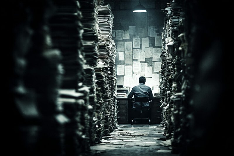 a lone office worker surrounded by towering stacks of paper and files