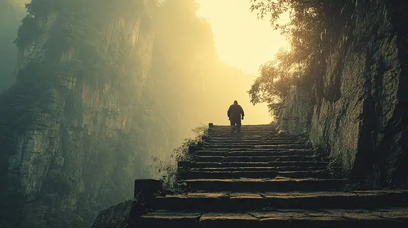 person climbing stone stairs toward bright light on top of mountain