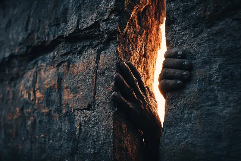 two hands on a heavy stone door, pushing it open