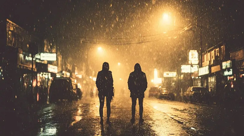 two people standing apart on opposite sides of a city street at night, soft rain, emotional distance