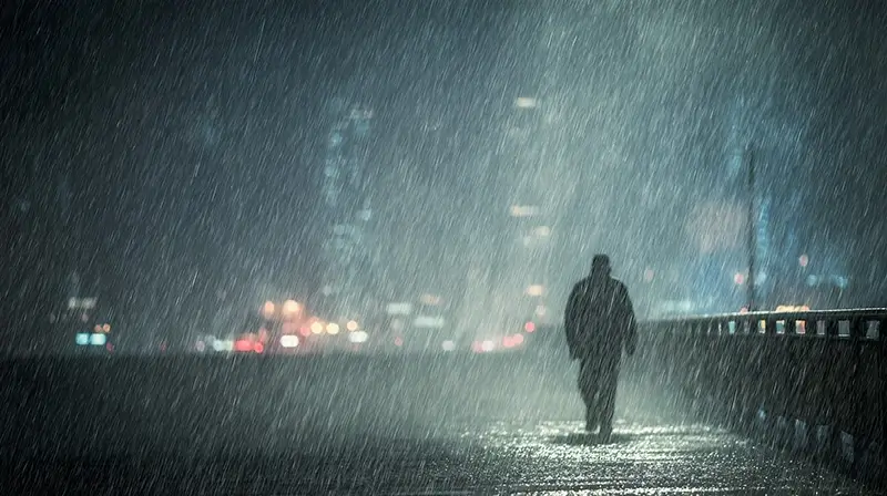 lone person walking forward in heavy rain against strong wind, city lights in distance