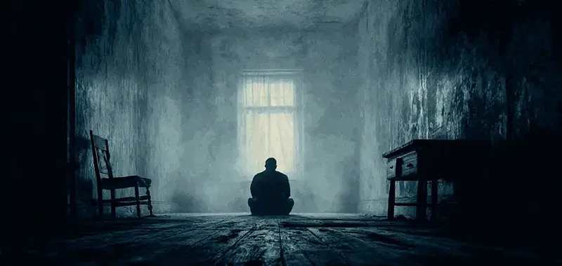A lone figure seated on the floor in a dim room