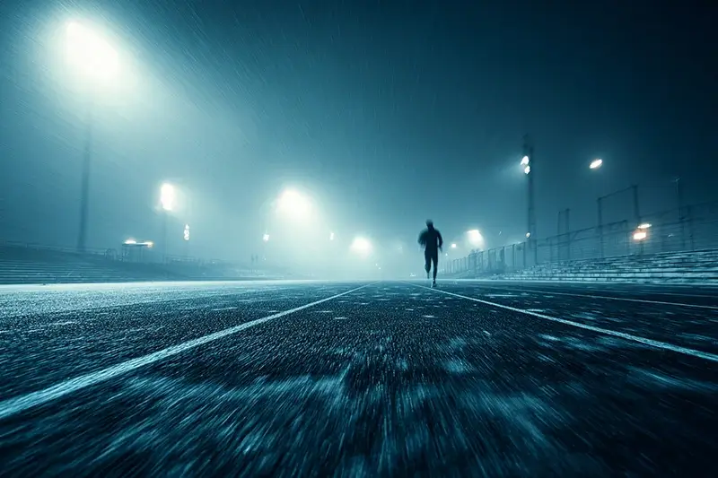 a runner far behind the pack on an empty track at night