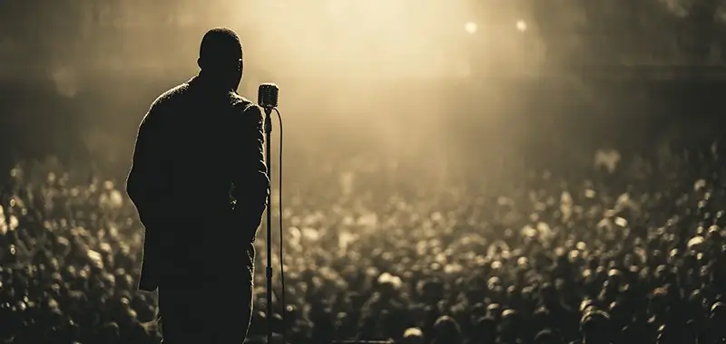 
A person standing confidently before a crowd, speaking into a microphone with passion, strong posture, spotlight shining from above, audience blurred