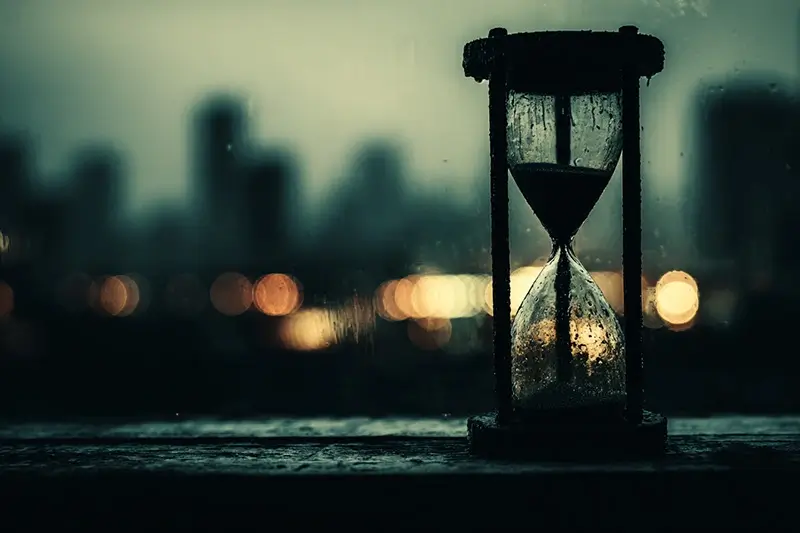 an hourglass almost empty on a desk with blurred city lights behind