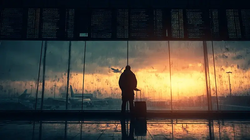 traveler standing in airport terminal looking at departure board