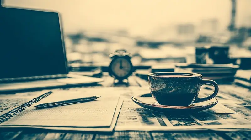 An office desk seen from above, with papers, coffee, and a laptop.